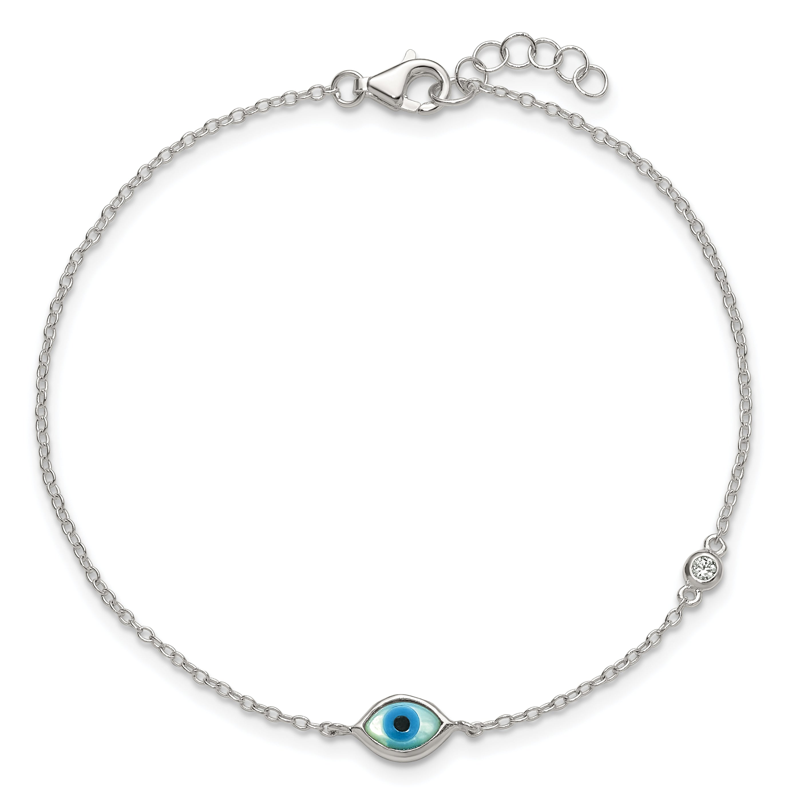 Sterling Silver Polished CZ and Mother of Pearl Evil Eye 6.75 Inch with 0.5 Inch Extension Bracelet
