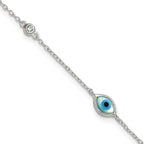 Sterling Silver Polished CZ and Mother of Pearl Evil Eye 6.75 Inch with 0.5 Inch Extension Bracelet