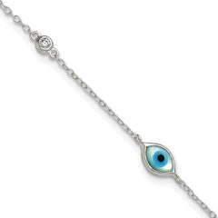 Sterling Silver Polished CZ and Mother of Pearl Evil Eye 6.75 Inch with 0.5 Inch Extension Bracelet