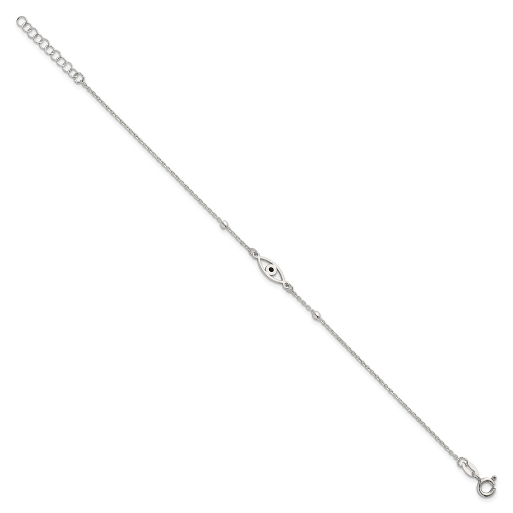 Sterling Silver Polished Beaded Black Enamel Evil Eye 7 inch with 1 inch Extension Bracelet