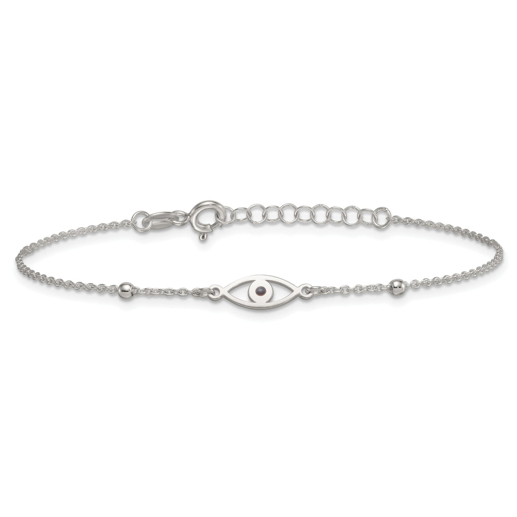Sterling Silver Polished Beaded Black Enamel Evil Eye 7 inch with 1 inch Extension Bracelet
