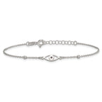 Sterling Silver Polished Beaded Black Enamel Evil Eye 7 inch with 1 inch Extension Bracelet