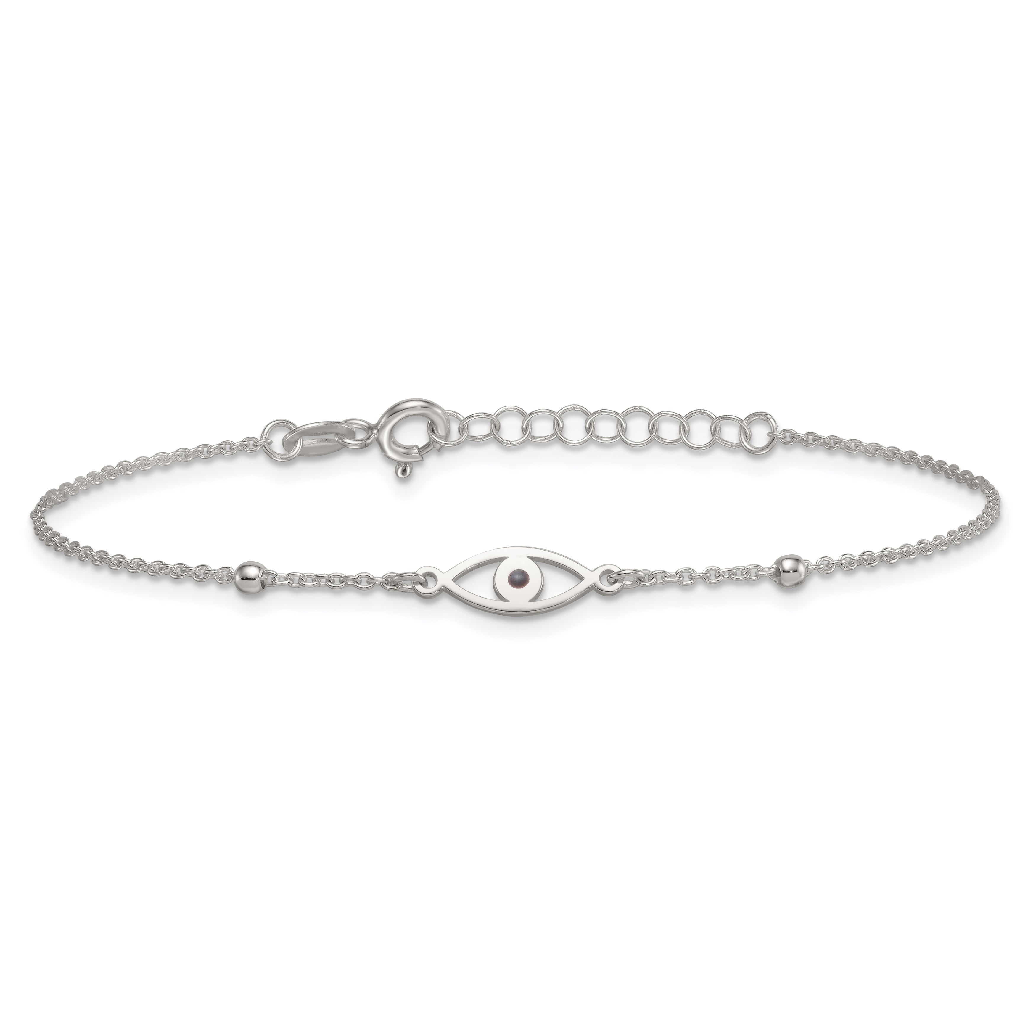 Sterling Silver Polished Beaded Black Enamel Evil Eye 7 inch with 1 inch Extension Bracelet