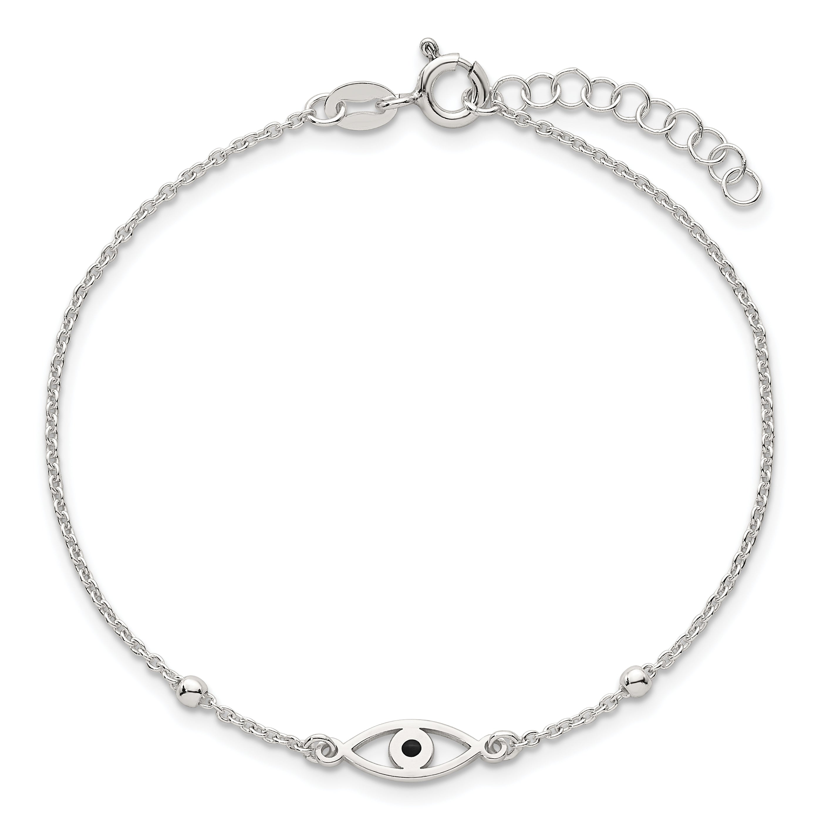 Sterling Silver Polished Beaded Black Enamel Evil Eye 7 inch with 1 inch Extension Bracelet
