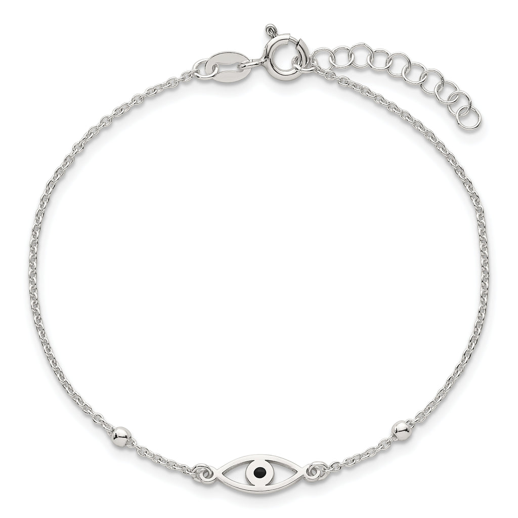 Sterling Silver Polished Beaded Black Enamel Evil Eye 7 inch with 1 inch Extension Bracelet