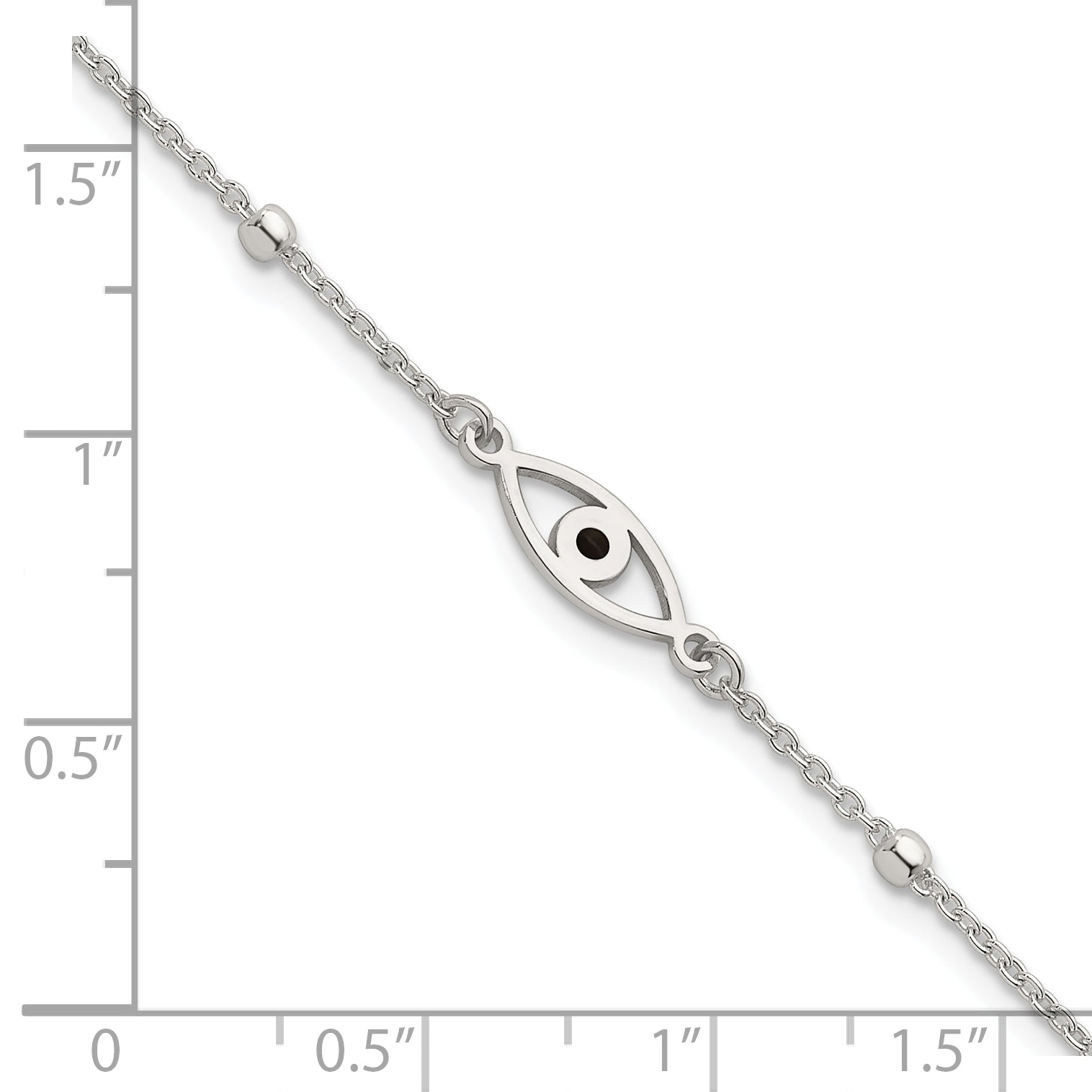 Sterling Silver Polished Beaded Black Enamel Evil Eye 7 inch with 1 inch Extension Bracelet