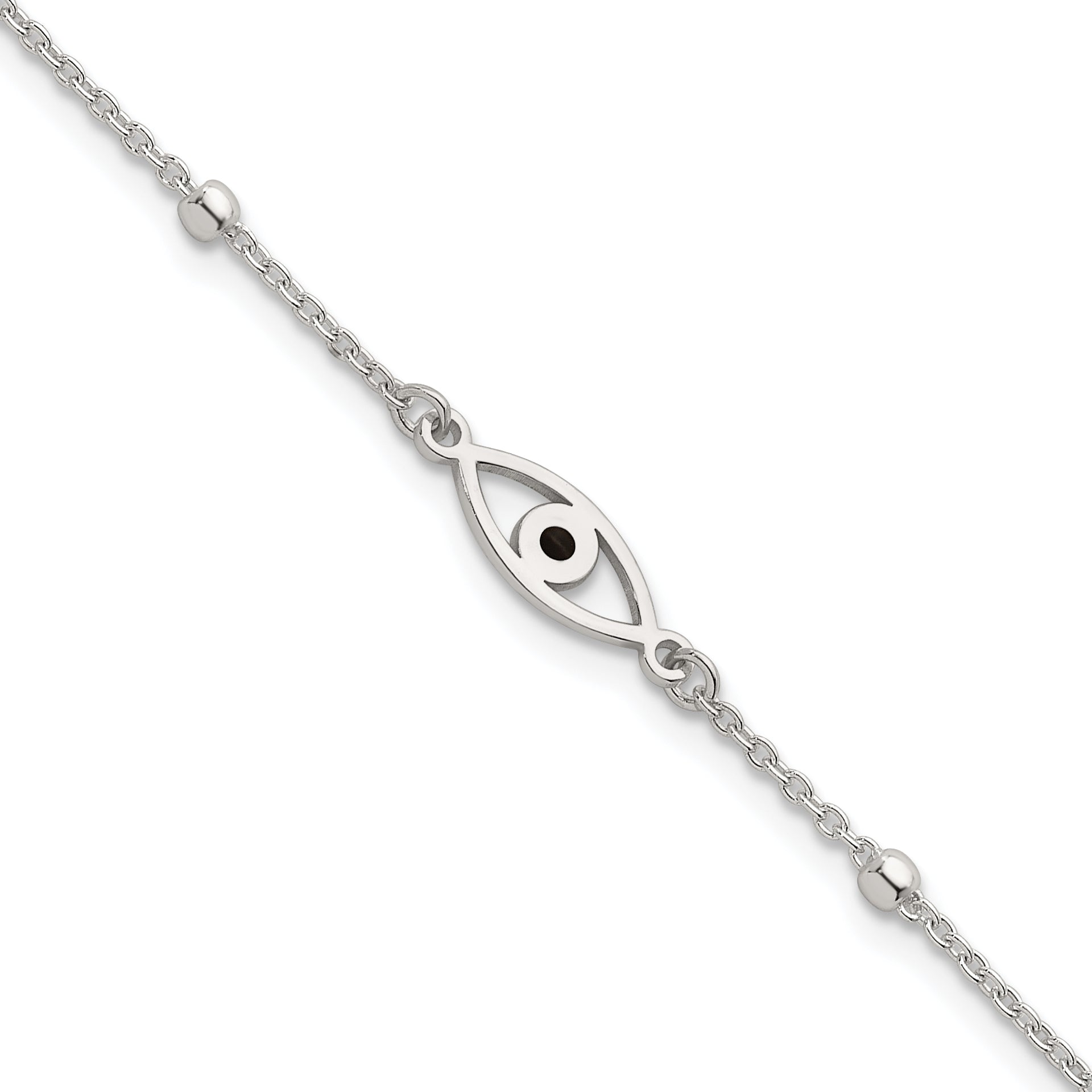 Sterling Silver Polished Beaded Black Enamel Evil Eye 7 inch with 1 inch Extension Bracelet