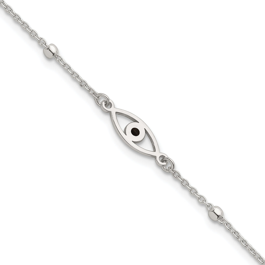 Sterling Silver Polished Beaded Black Enamel Evil Eye 7 inch with 1 inch Extension Bracelet