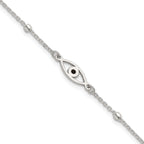 Sterling Silver Polished Beaded Black Enamel Evil Eye 7 inch with 1 inch Extension Bracelet