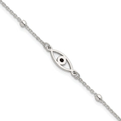 Sterling Silver Polished Beaded Black Enamel Evil Eye 7 inch with 1 inch Extension Bracelet
