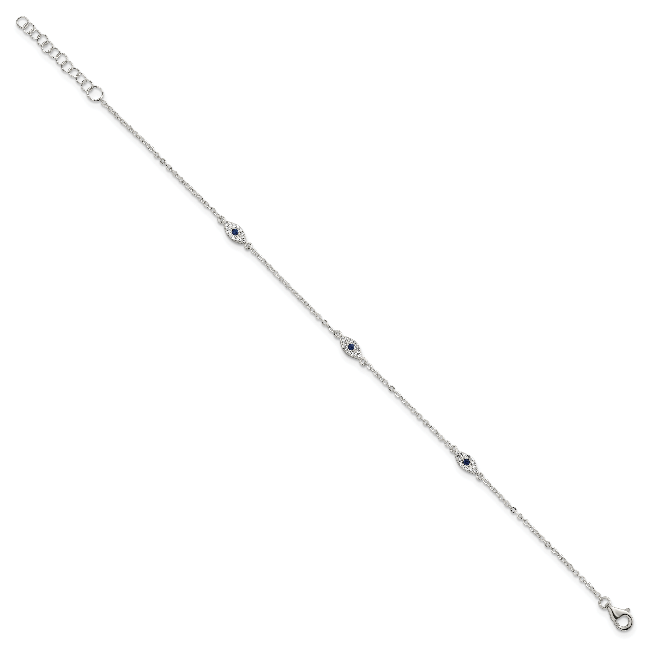 Sterling Silver Polished Blue and White CZ Evil Eye 7 Inch with 1 Inch Extension Bracelet Secondary image