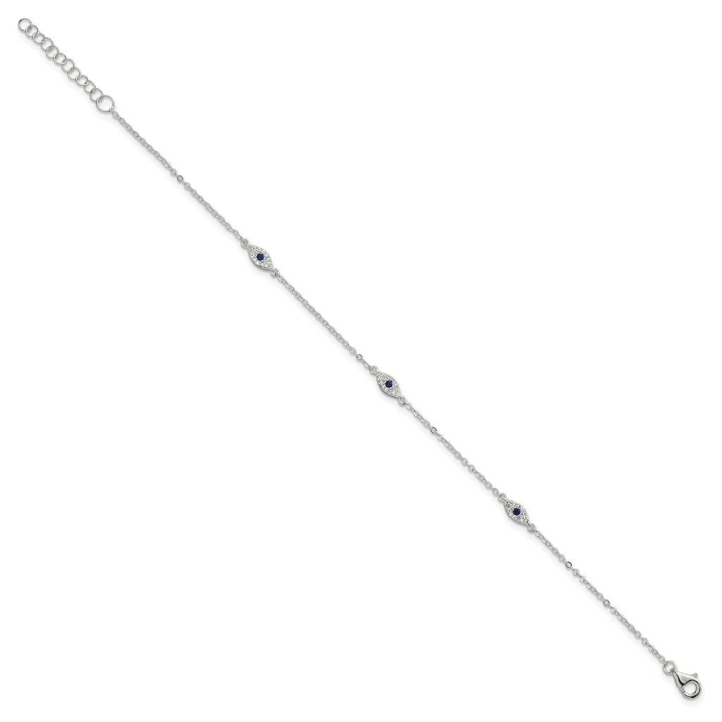 Sterling Silver Polished Blue and White CZ Evil Eye 7 Inch with 1 Inch Extension Bracelet