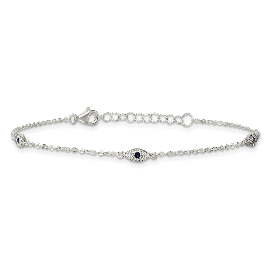 Sterling Silver Polished Blue and White CZ Evil Eye 7 Inch with 1 Inch Extension Bracelet