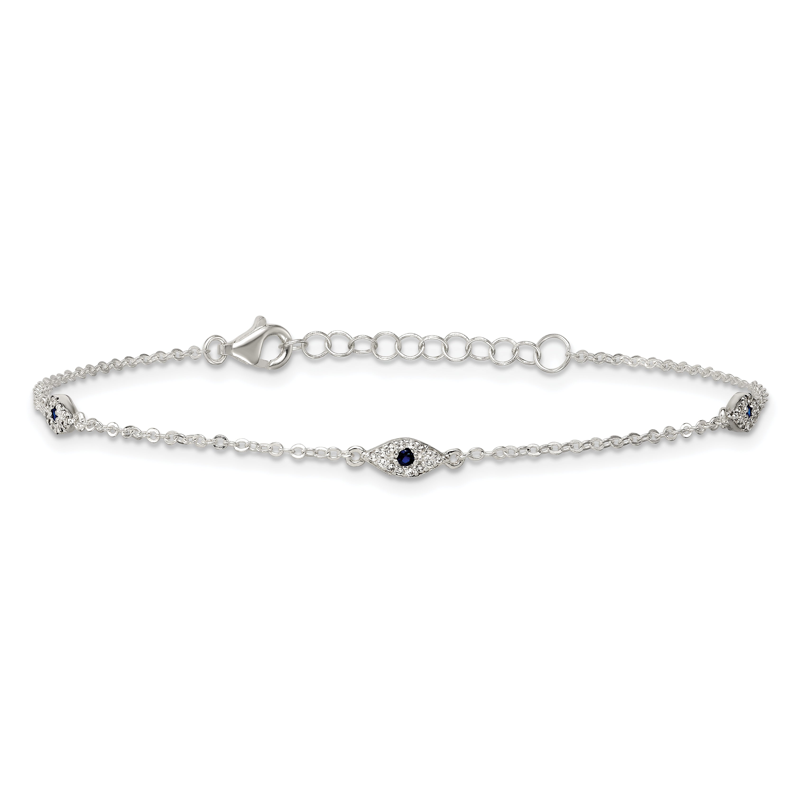 Sterling Silver Polished Blue and White CZ Evil Eye 7 Inch with 1 Inch Extension Bracelet
