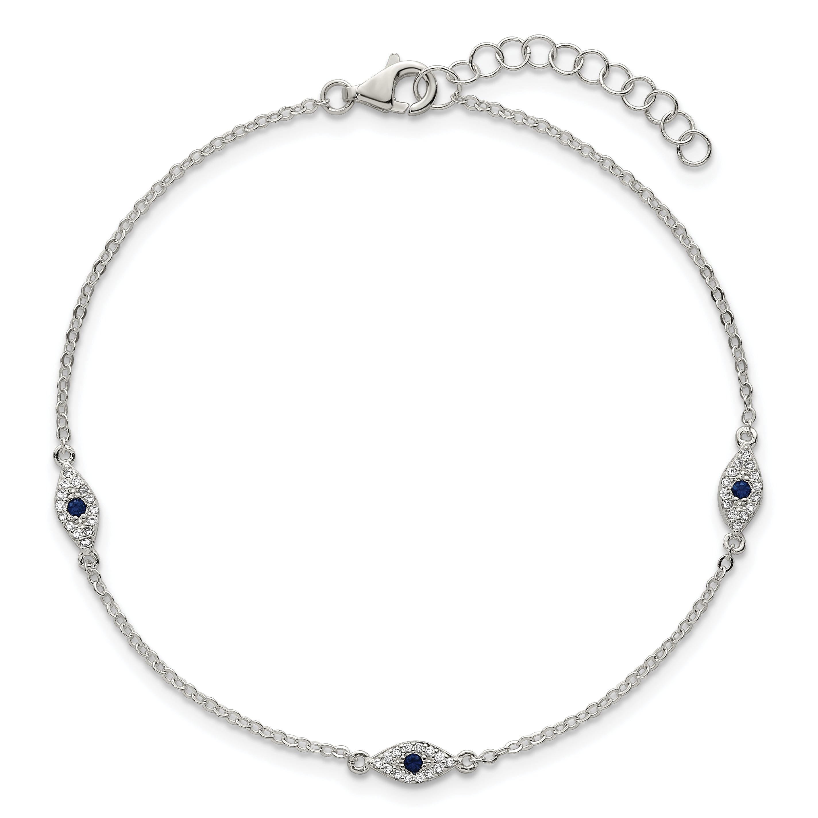 Sterling Silver Polished Blue and White CZ Evil Eye 7 Inch with 1 Inch Extension Bracelet