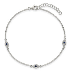 Sterling Silver Polished Blue and White CZ Evil Eye 7 Inch with 1 Inch Extension Bracelet