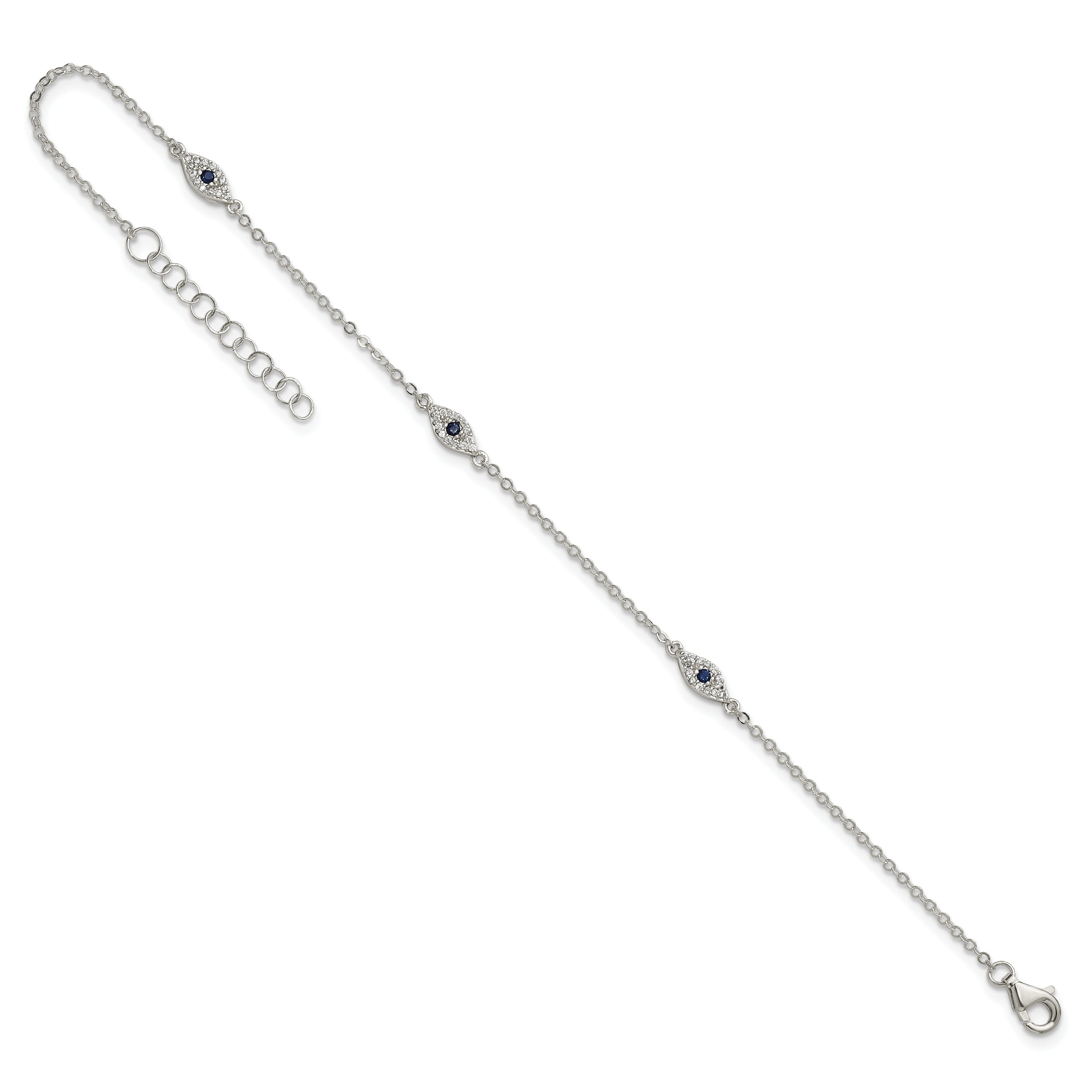 Sterling Silver Polished Blue and White CZ Evil Eye 7 Inch with 1 Inch Extension Bracelet