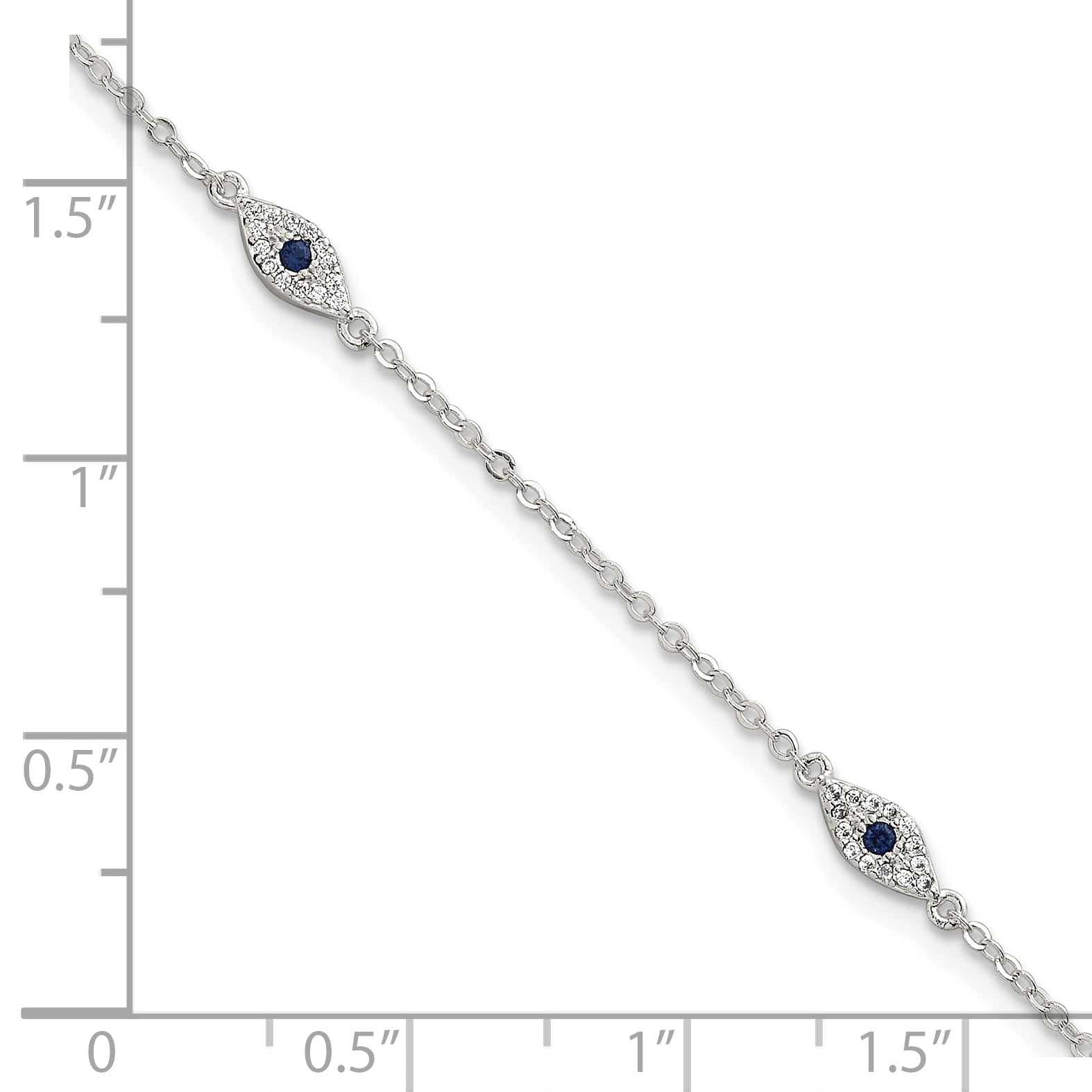 Sterling Silver Polished Blue and White CZ Evil Eye 7 Inch with 1 Inch Extension Bracelet