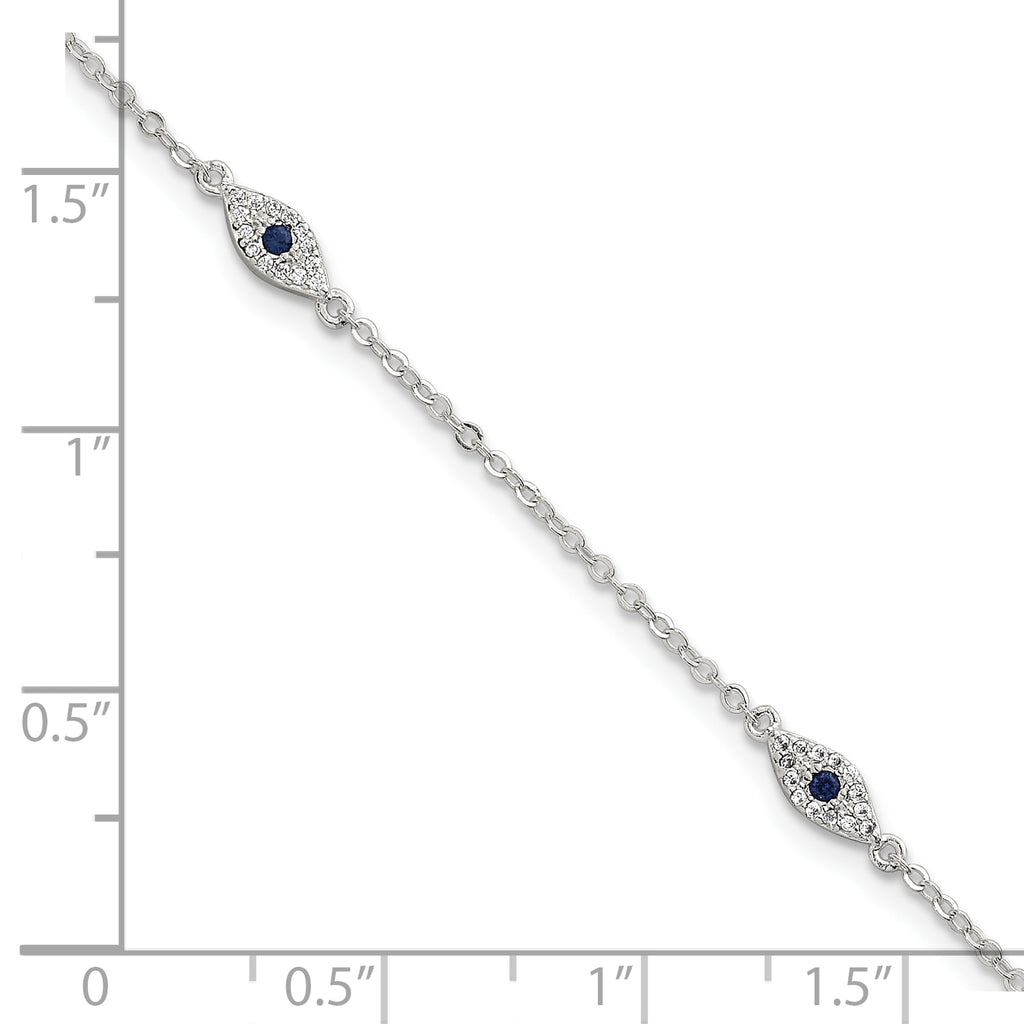 Sterling Silver Polished Blue and White CZ Evil Eye 7 Inch with 1 Inch Extension Bracelet