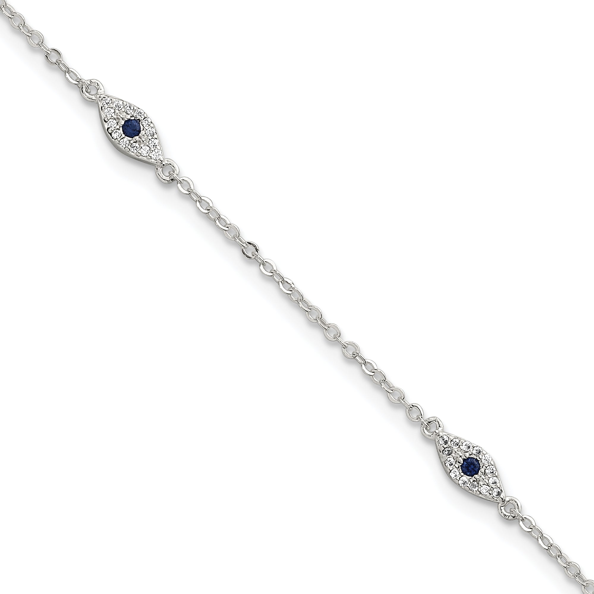 Sterling Silver Polished Blue and White CZ Evil Eye 7 Inch with 1 Inch Extension Bracelet