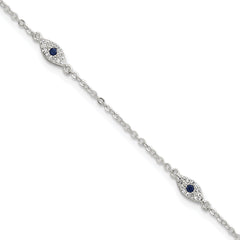Sterling Silver Polished Blue and White CZ Evil Eye 7 Inch with 1 Inch Extension Bracelet