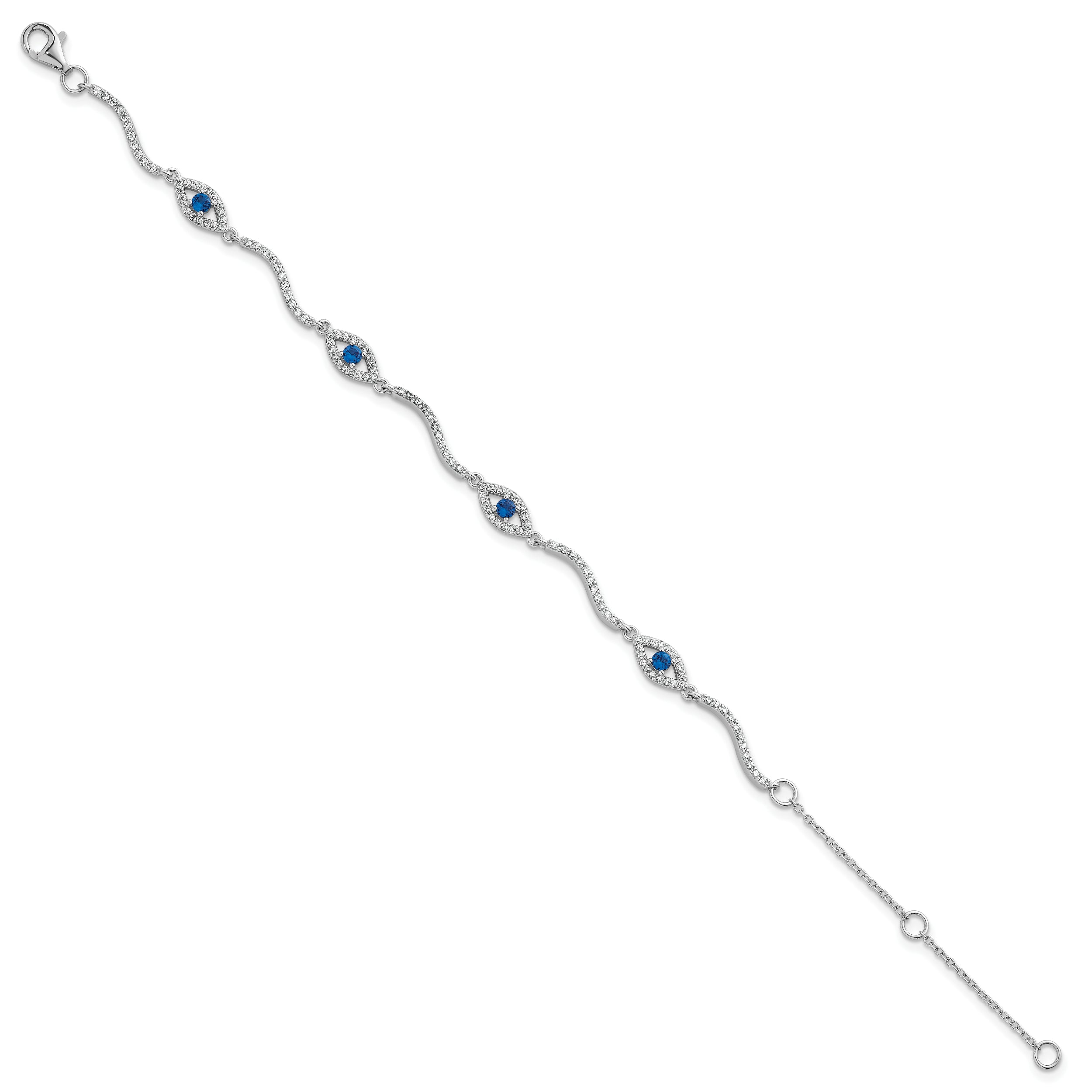 Sterling Silver Rhodium-plated Polished Lab Created Spinel and CZ Evil Eye 6 Inch with 2 Inch Extension Bracelet