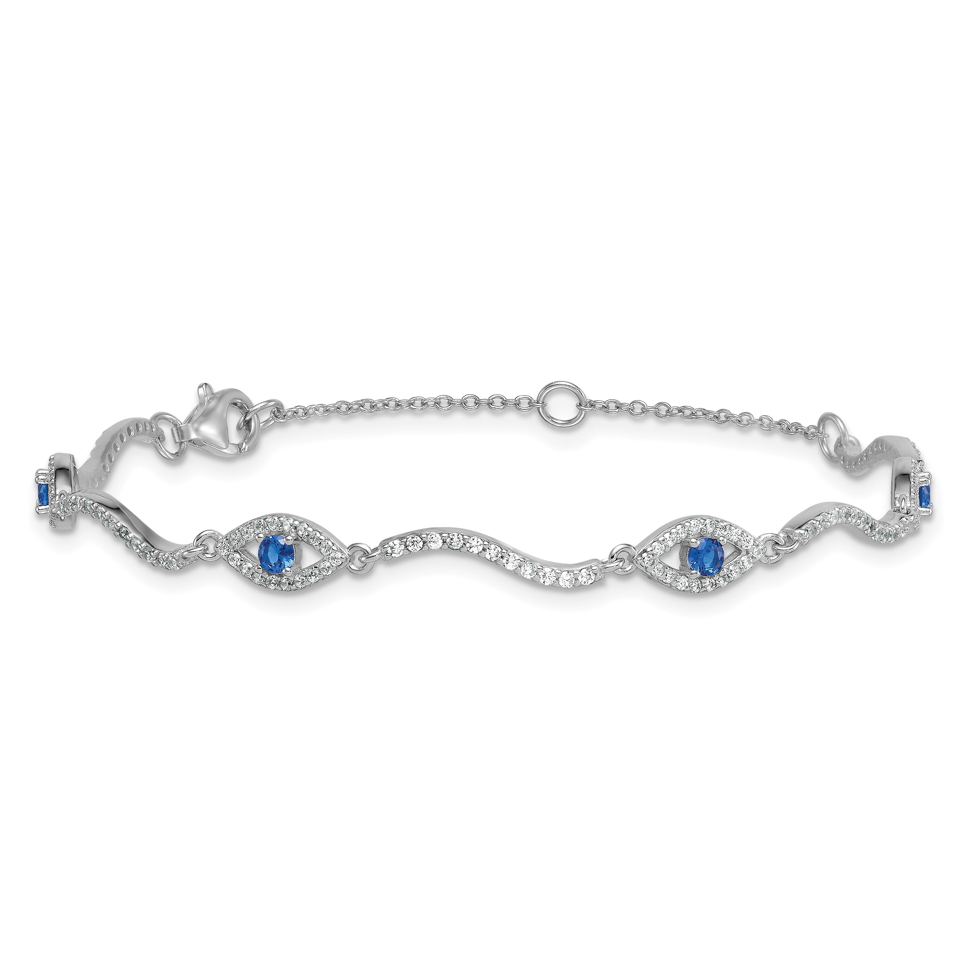 Sterling Silver Rhodium-plated Polished Lab Created Spinel and CZ Evil Eye 6 Inch with 2 Inch Extension Bracelet