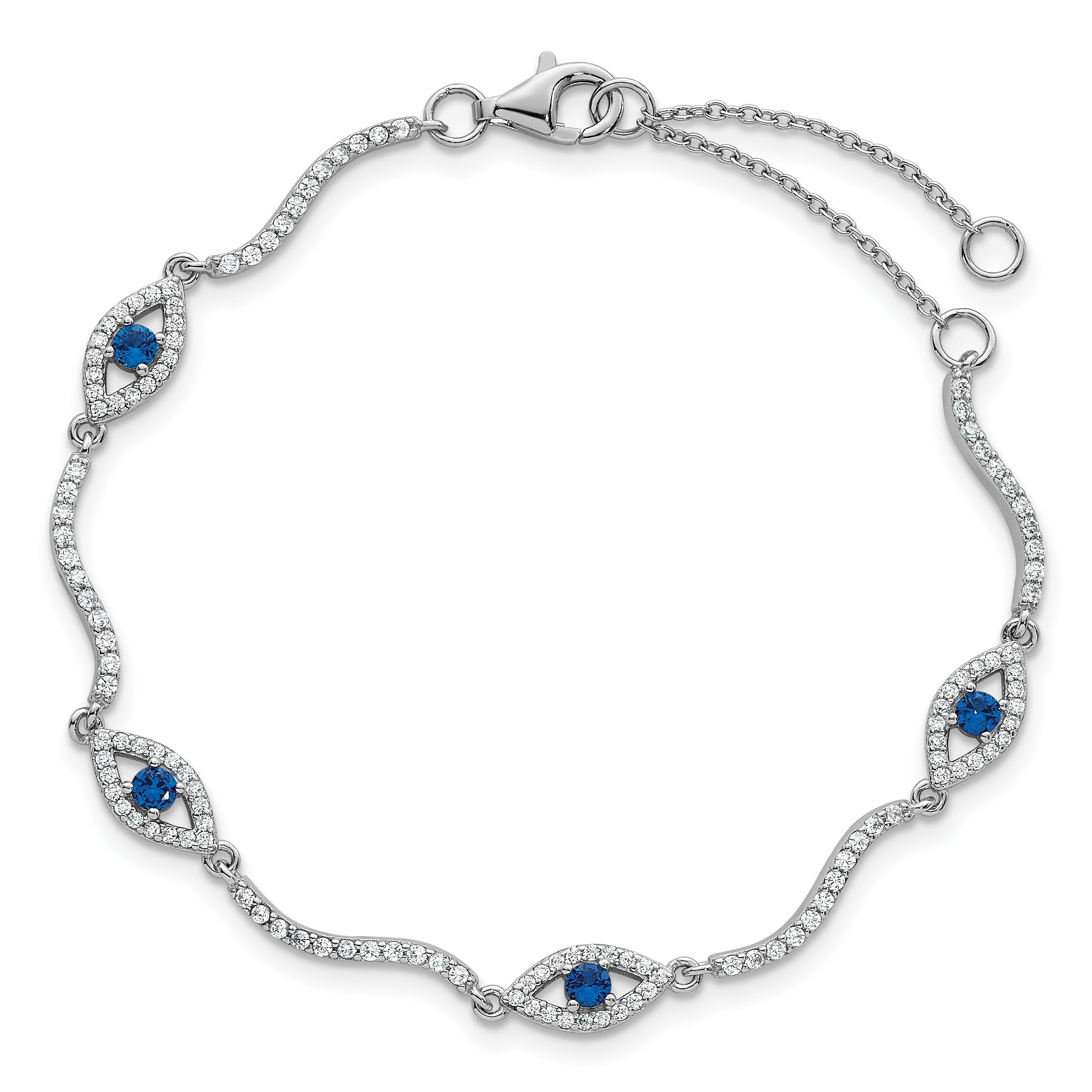 Sterling Silver Rhodium-plated Polished Lab Created Spinel and CZ Evil Eye 6 Inch with 2 Inch Extension Bracelet