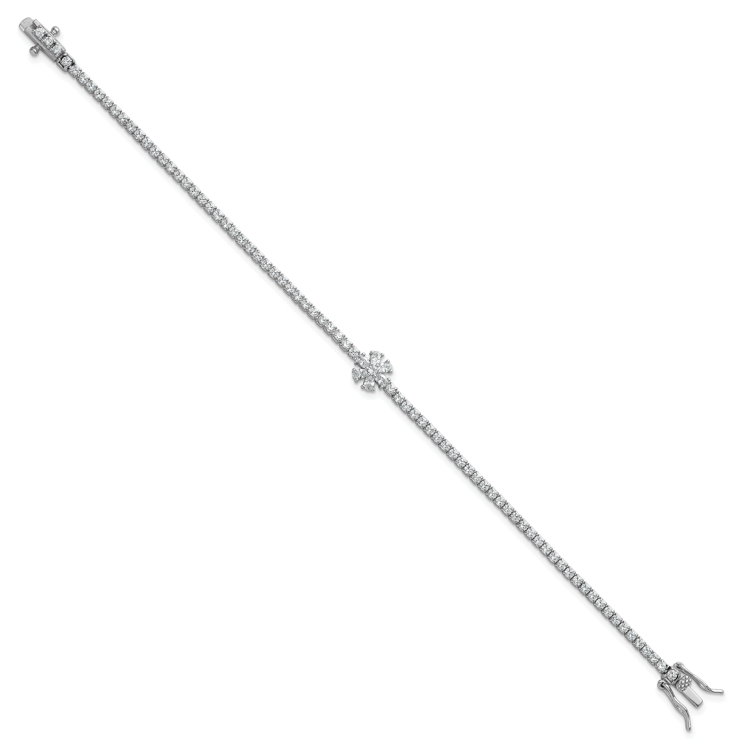 Sterling Silver Rhodium-plated Polished CZ Flower 7.25 inch Tennis Bracelet