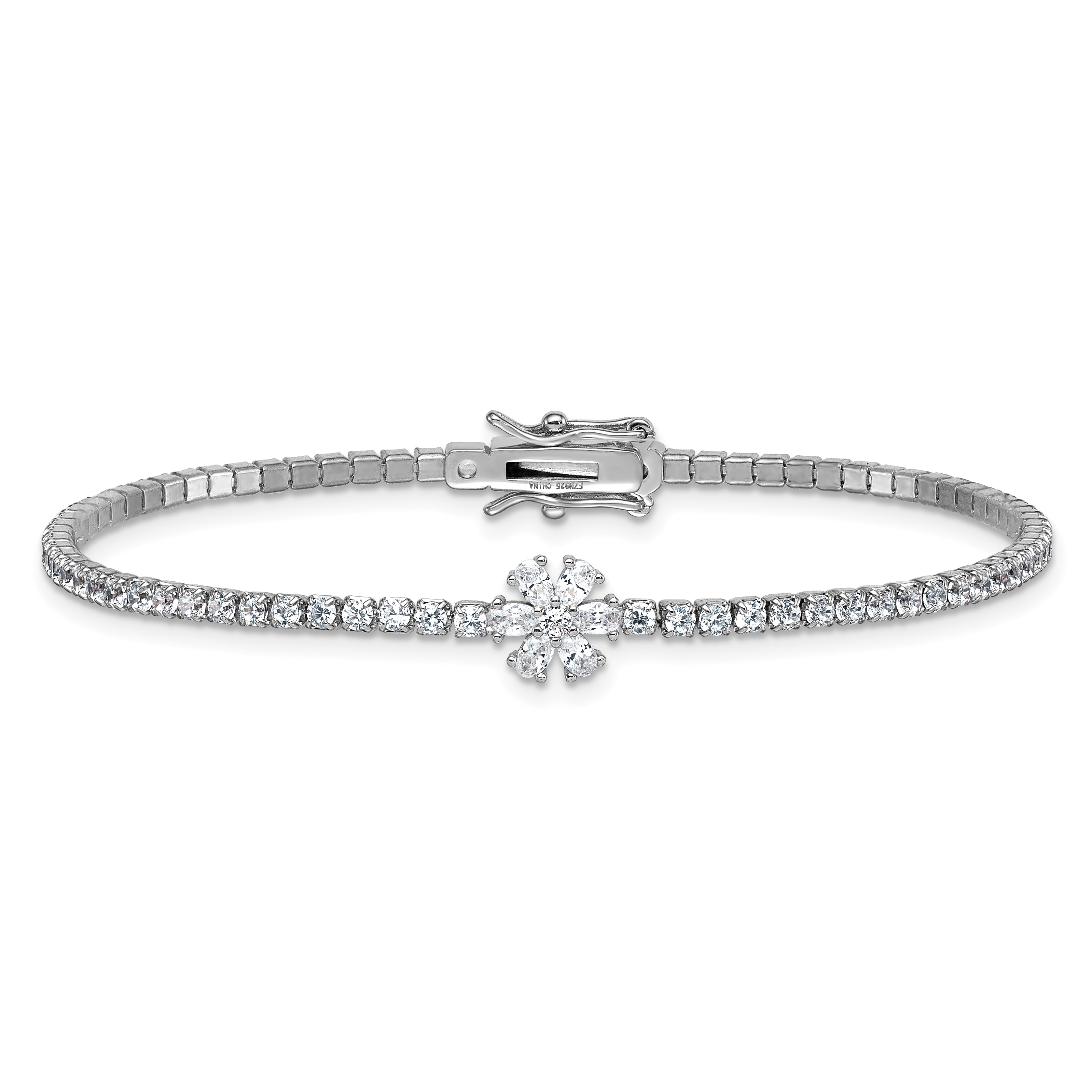 Sterling Silver Rhodium-plated Polished CZ Flower 7.25 inch Tennis Bracelet