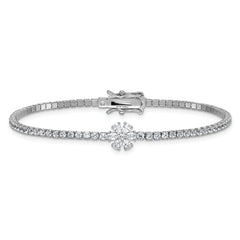 Sterling Silver Rhodium-plated Polished CZ Flower 7.25 inch Tennis Bracelet