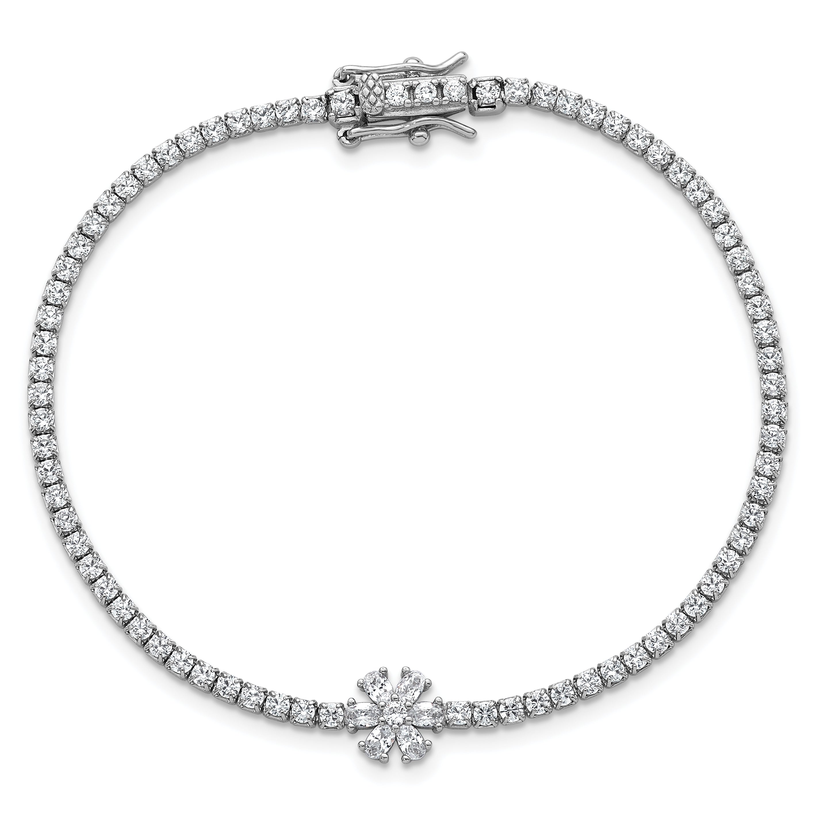 Sterling Silver Rhodium-plated Polished CZ Flower 7.25 inch Tennis Bracelet