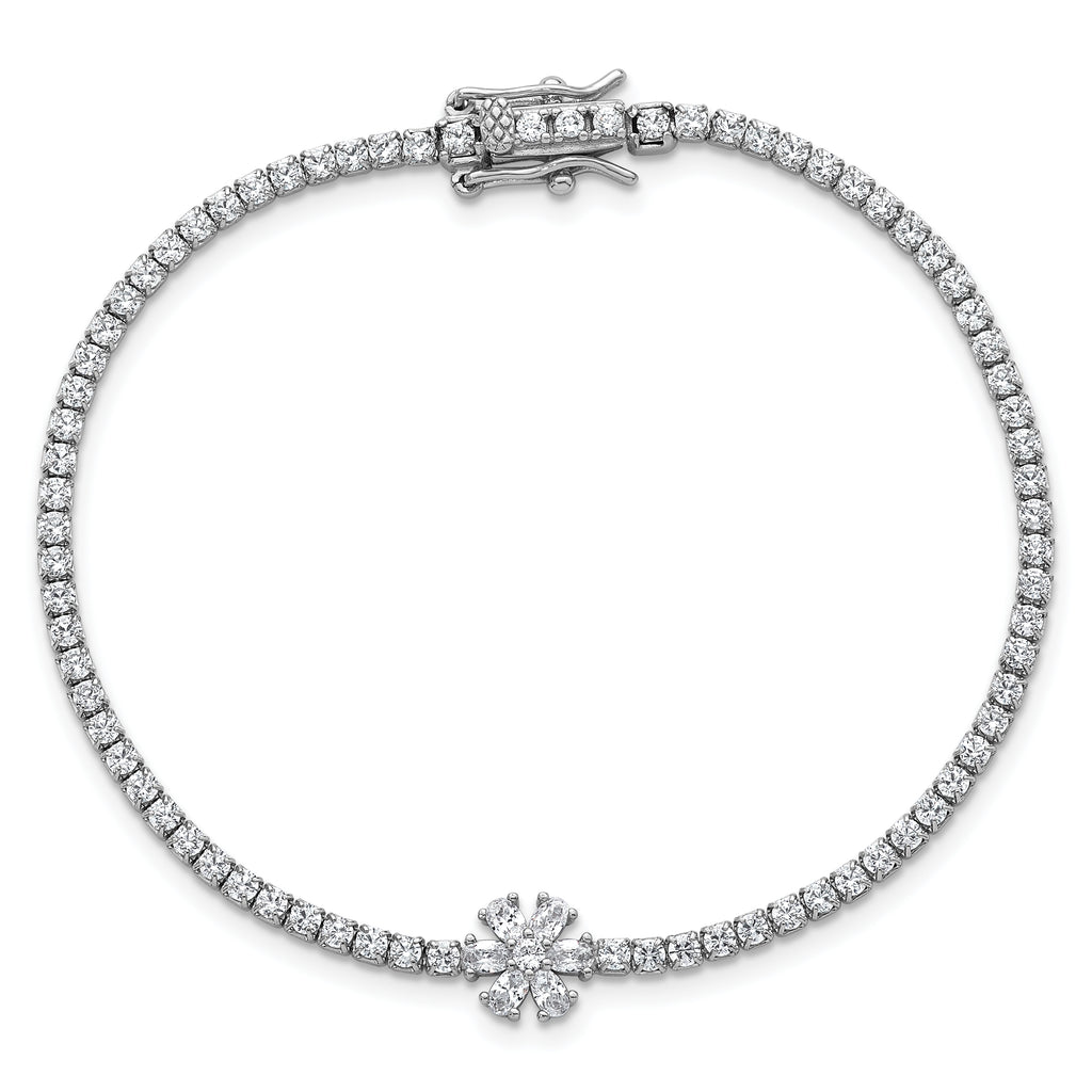 Sterling Silver Rhodium-plated Polished CZ Flower 7.25 inch Tennis Bracelet