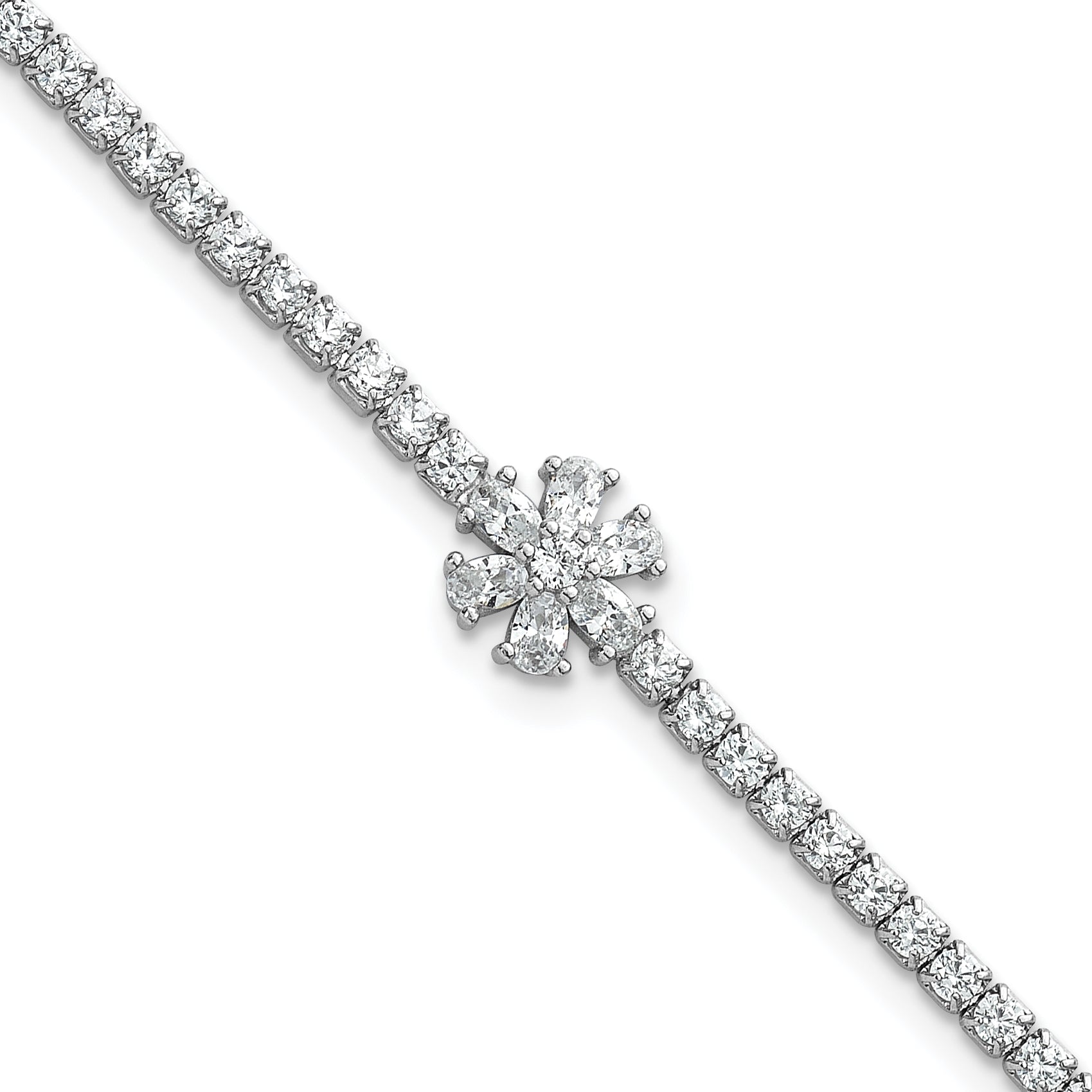 Sterling Silver Rhodium-plated Polished CZ Flower 7.25 inch Tennis Bracelet