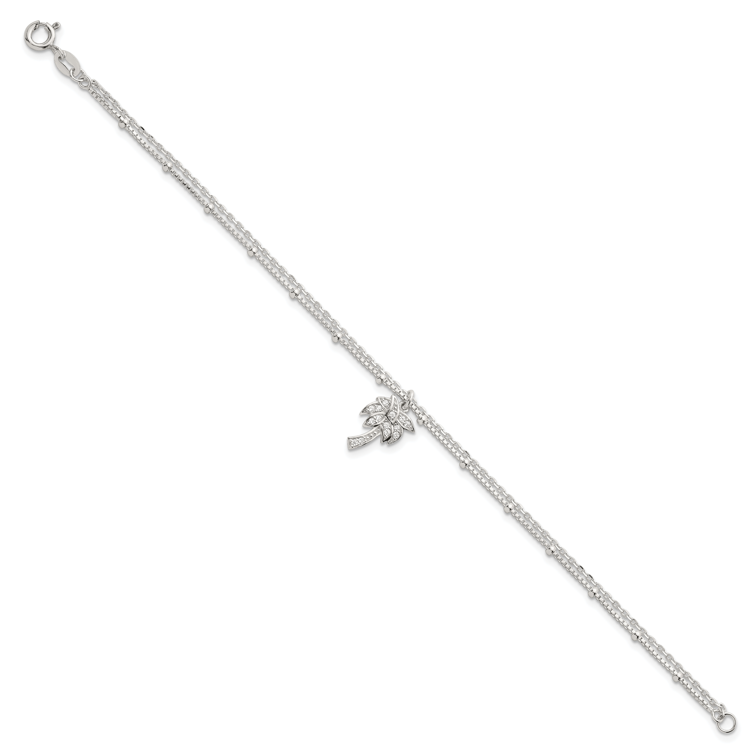 Sterling Silver Polished and Beaded White CZ Palm Tree Dangle Double Strand 7.5 inch Bracelet