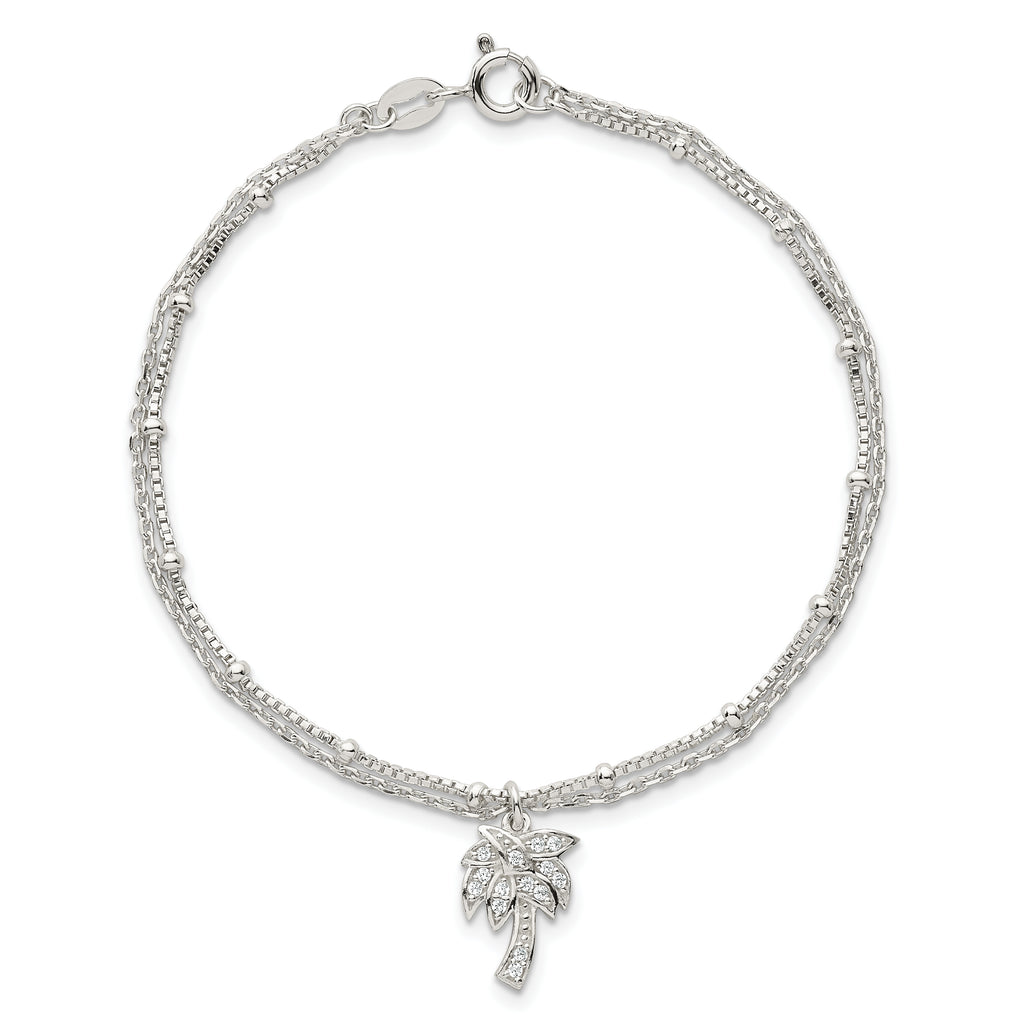 Sterling Silver Polished and Beaded White CZ Palm Tree Dangle Double Strand 7.5 inch Bracelet