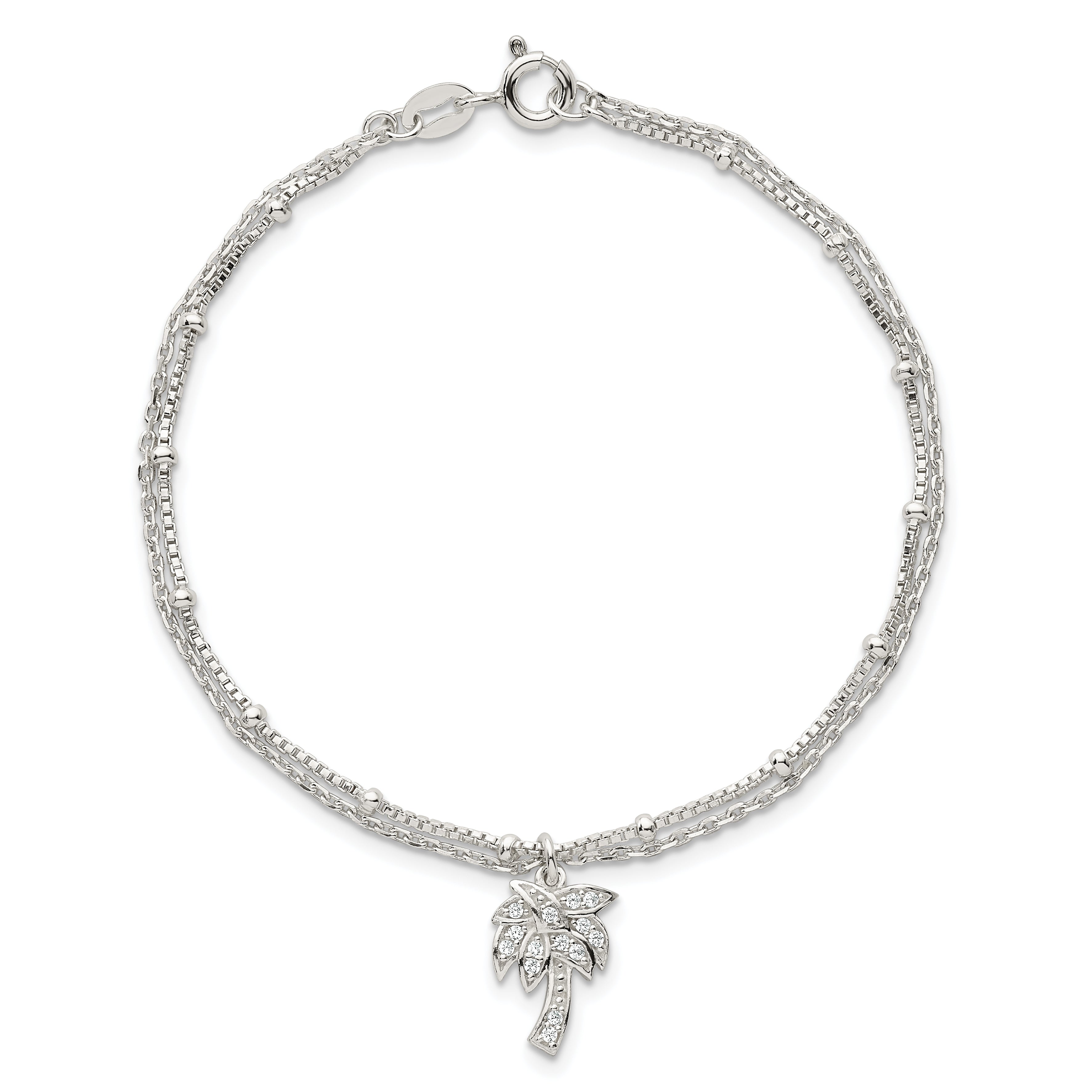 Sterling Silver Polished and Beaded White CZ Palm Tree Dangle Double Strand 7.5 inch Bracelet