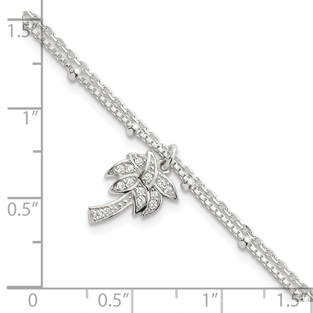Sterling Silver Polished and Beaded White CZ Palm Tree Dangle Double Strand 7.5 inch Bracelet
