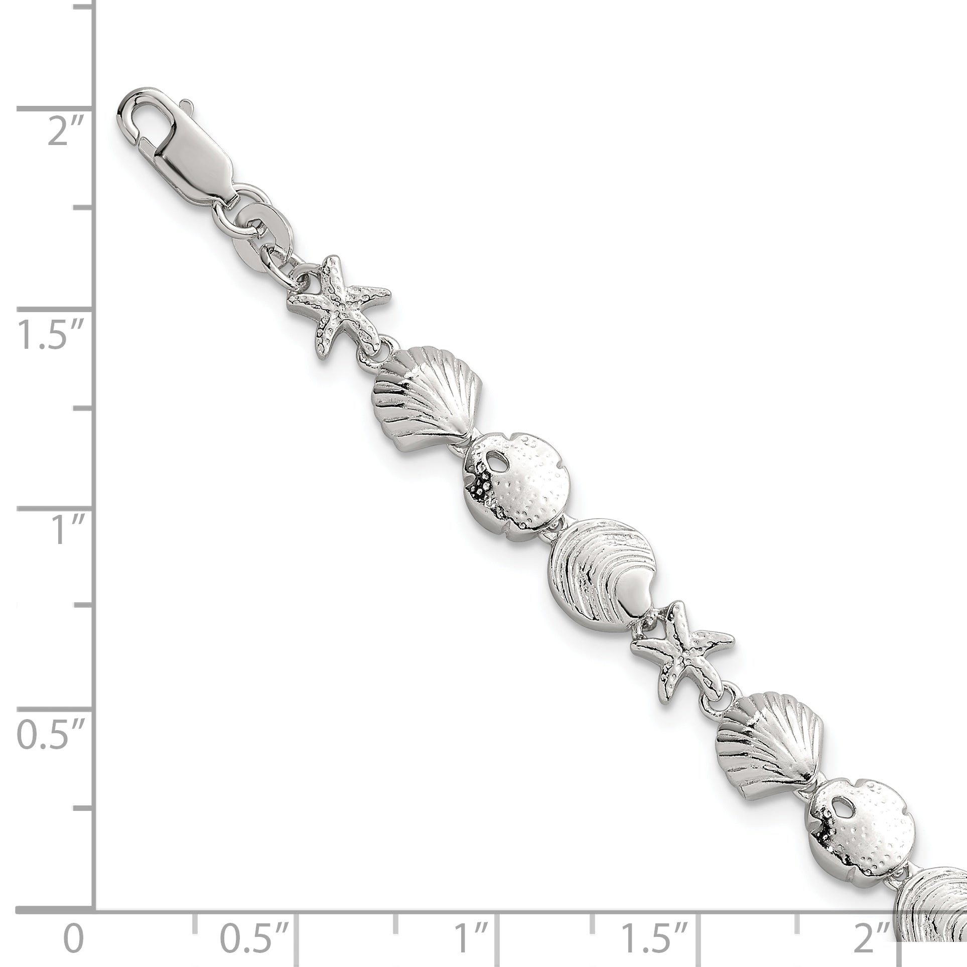 Sterling Silver Polished Textured Starfish, Sand Dollar, and Sea Shell 7.25 inch Bracelet