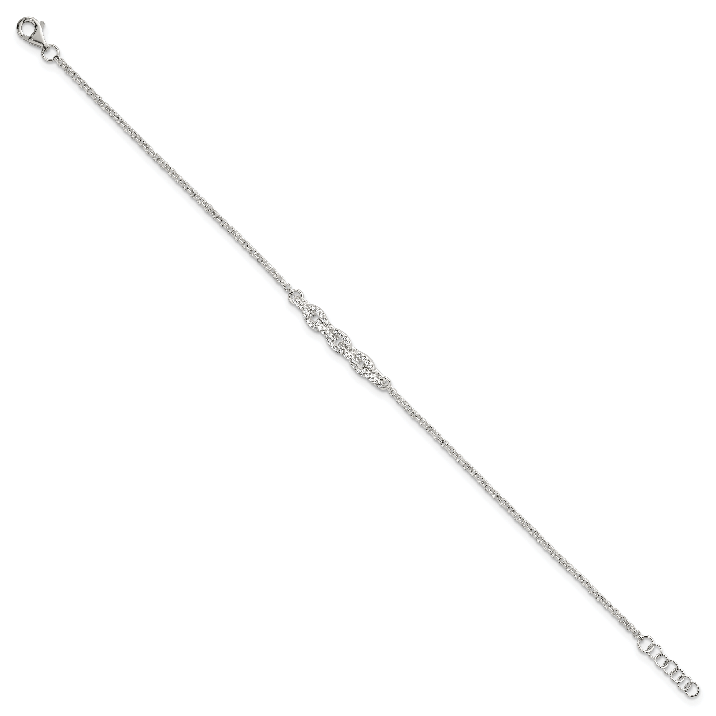 Sterling Silver Polished Pave CZ Cable Link 6.75 Inch with 0.5 Inch Extension Bracelet