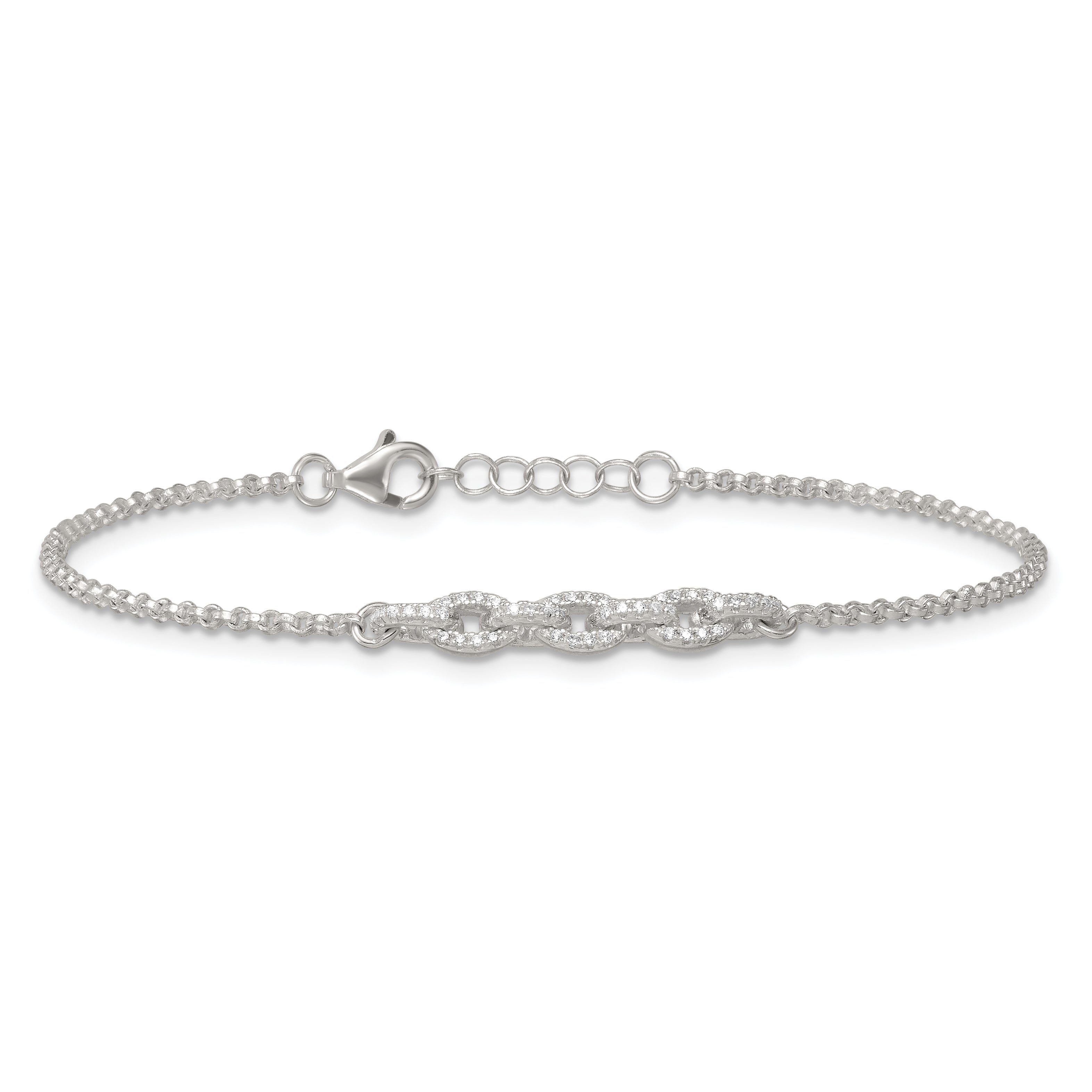 Sterling Silver Polished Pave CZ Cable Link 6.75 Inch with 0.5 Inch Extension Bracelet
