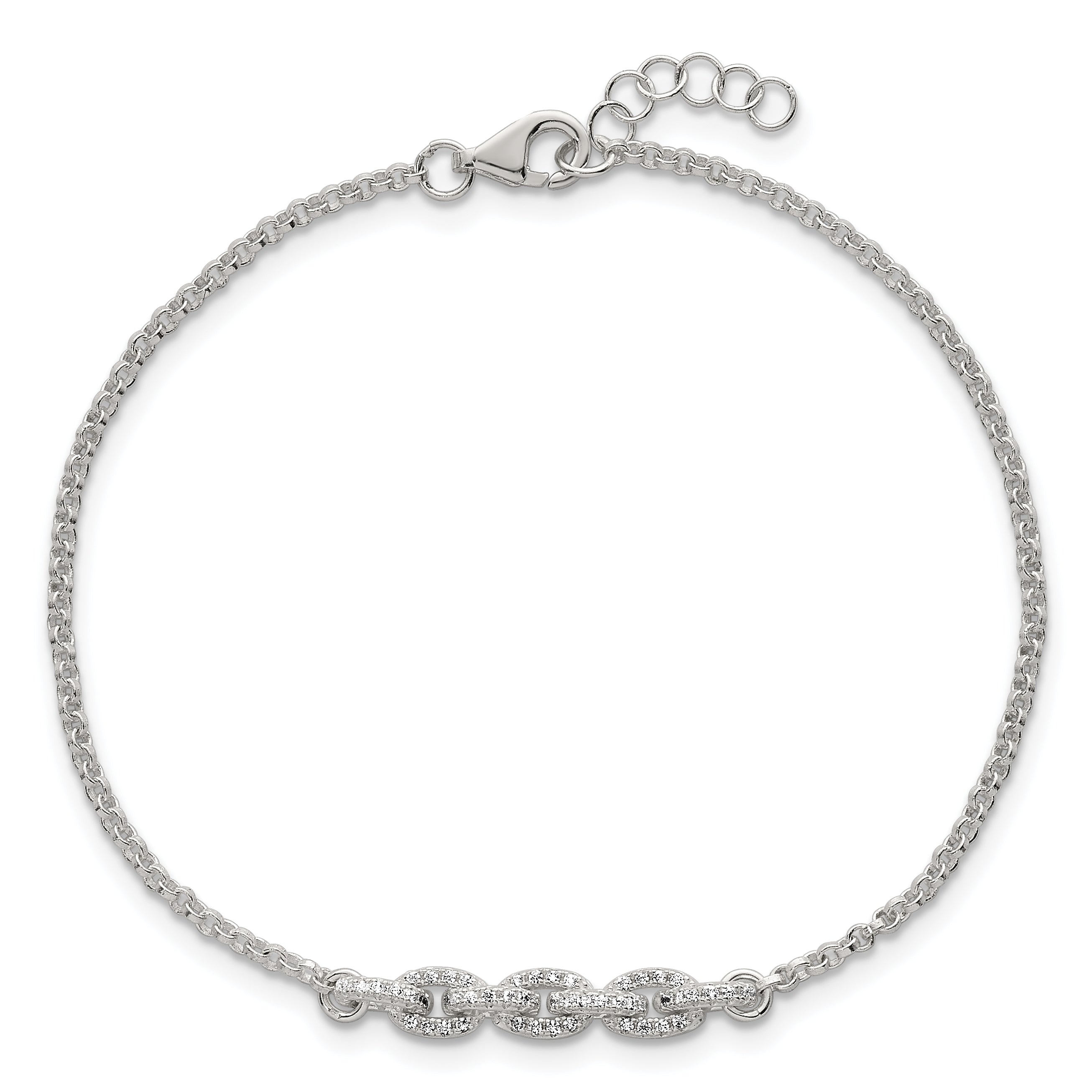 Sterling Silver Polished Pave CZ Cable Link 6.75 Inch with 0.5 Inch Extension Bracelet