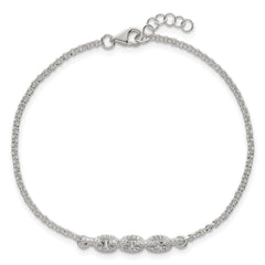 Sterling Silver Polished Pave CZ Cable Link 6.75 Inch with 0.5 Inch Extension Bracelet