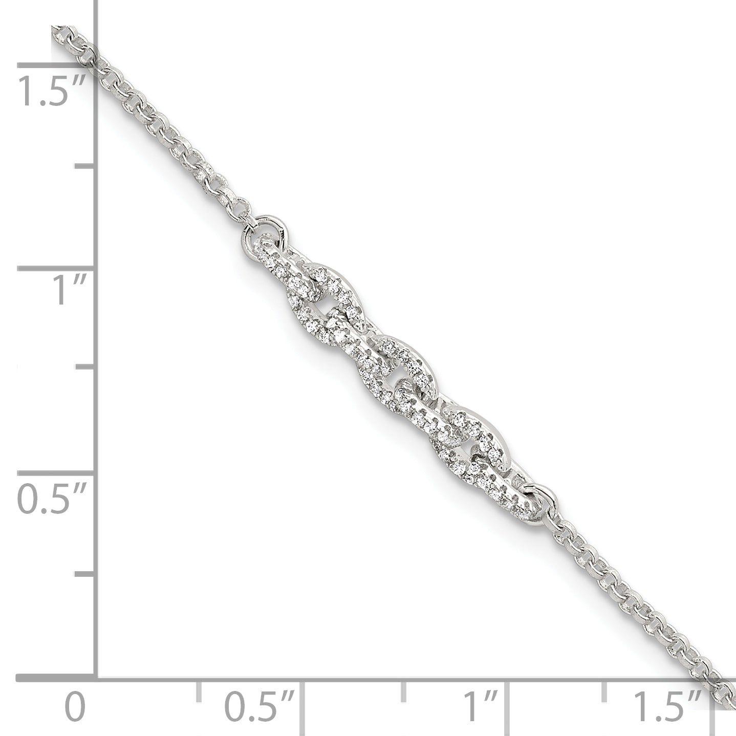 Sterling Silver Polished Pave CZ Cable Link 6.75 Inch with 0.5 Inch Extension Bracelet