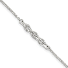 Sterling Silver Polished Pave CZ Cable Link 6.75 Inch with 0.5 Inch Extension Bracelet