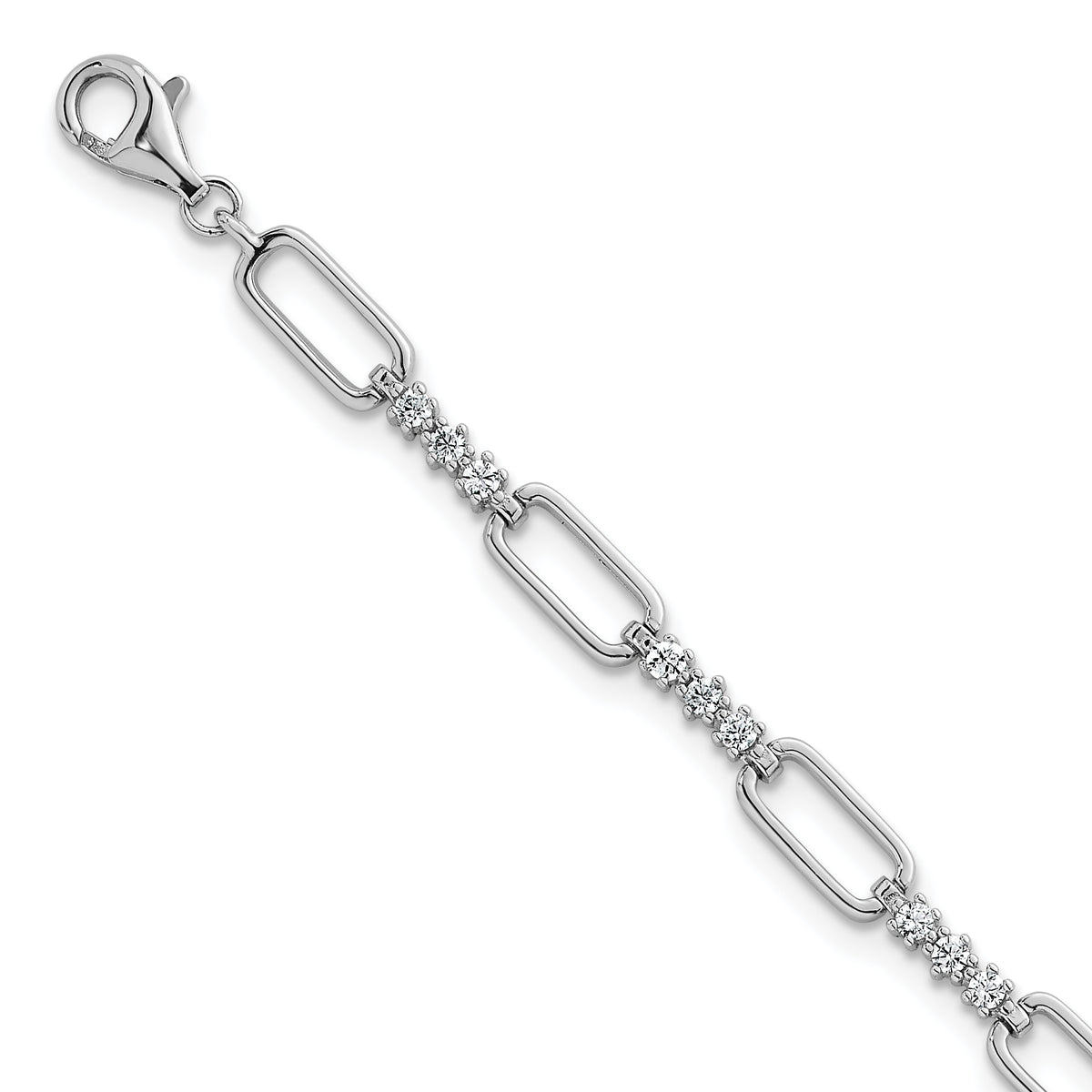 Sterling Silver Rhodium-plated Polished CZ and Paperclip Link 7 Inch with 1 Inch Extension Bracelet