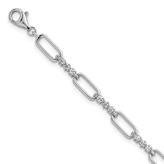 Sterling Silver Rhodium-plated Polished CZ and Paperclip Link 7 Inch with 1 Inch Extension Bracelet