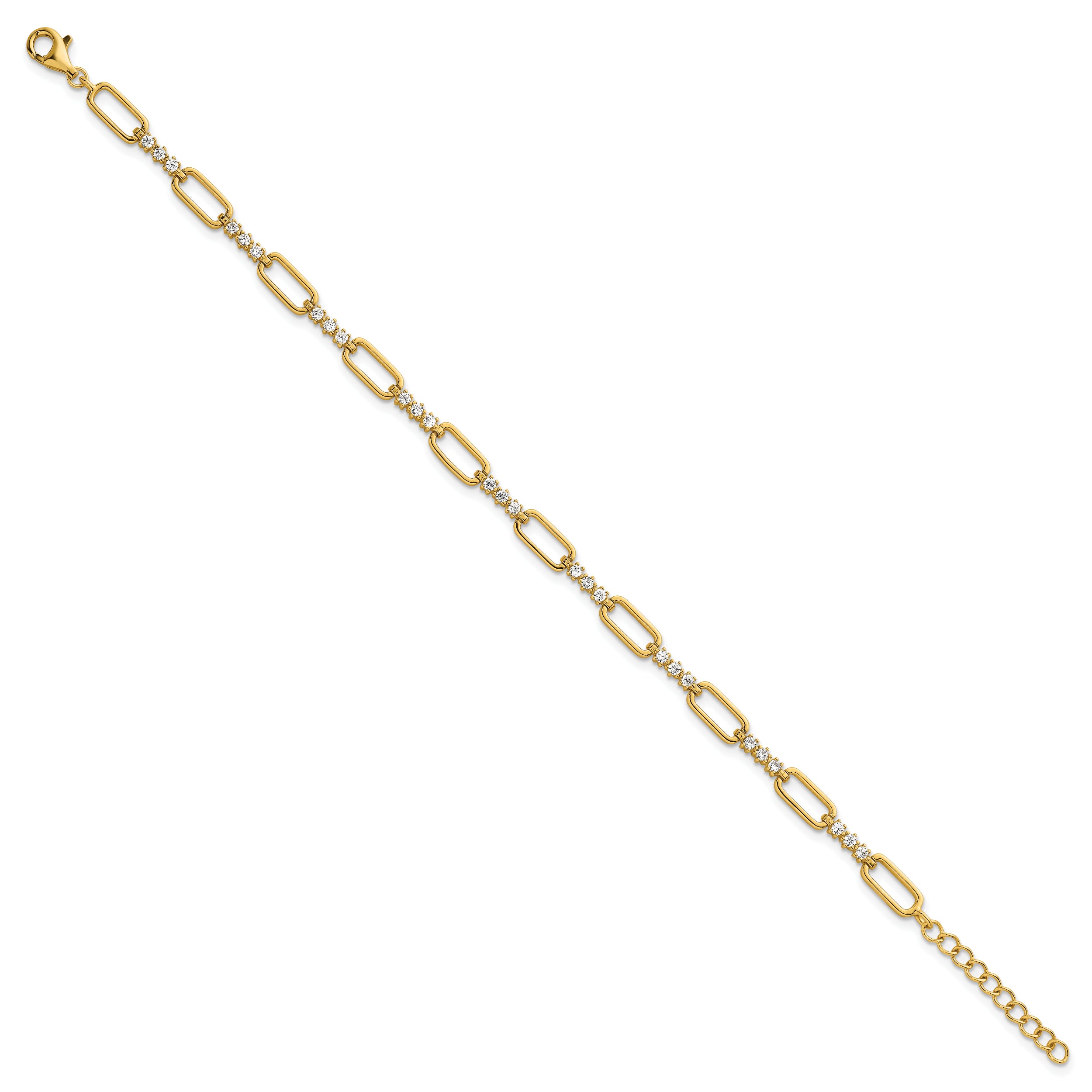 Sterling Silver Gold-tone Polished CZ and Paperclip Link 7 Inch with 1 Inch Extension Bracelet