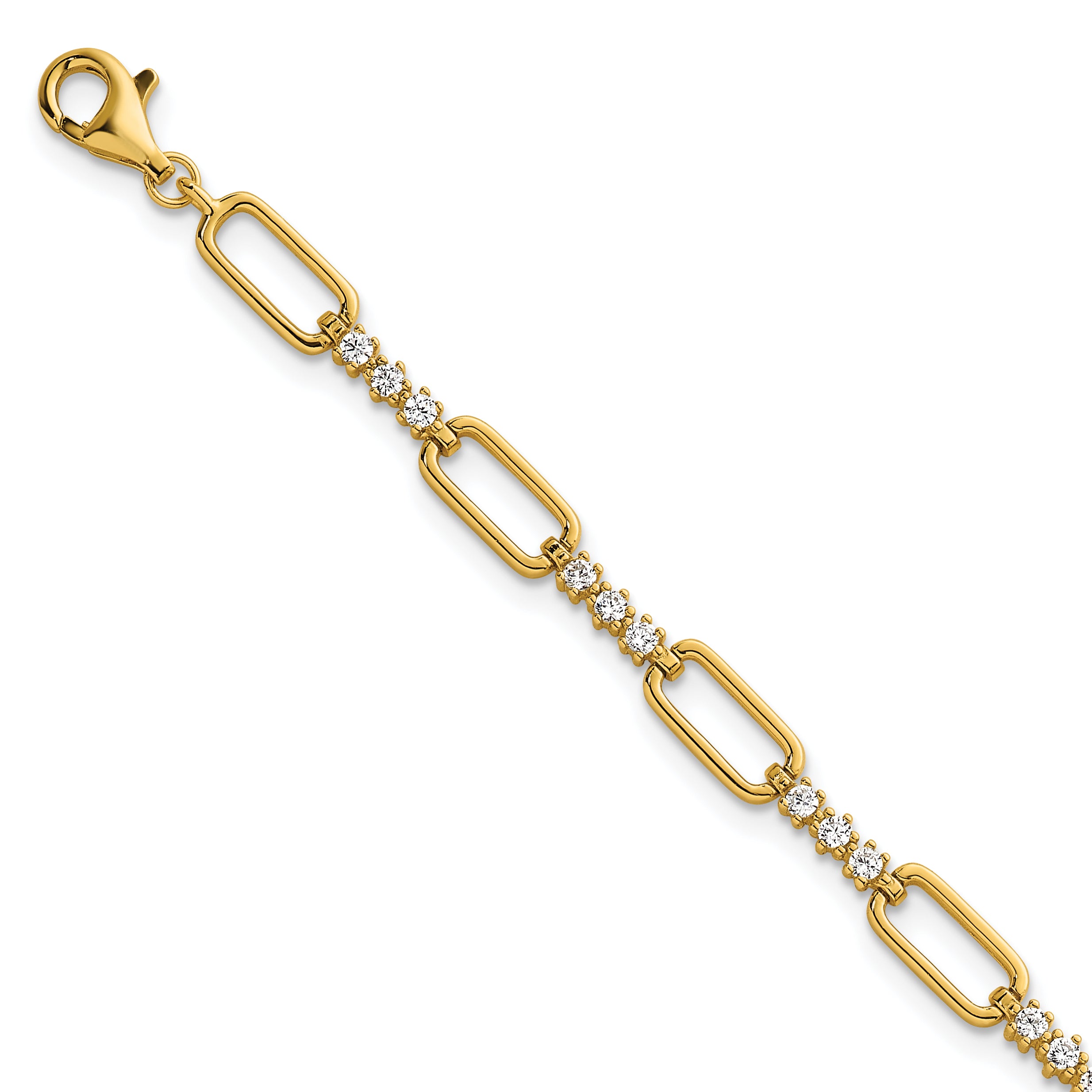 Sterling Silver Gold-tone Polished CZ and Paperclip Link 7 Inch with 1 Inch Extension Bracelet