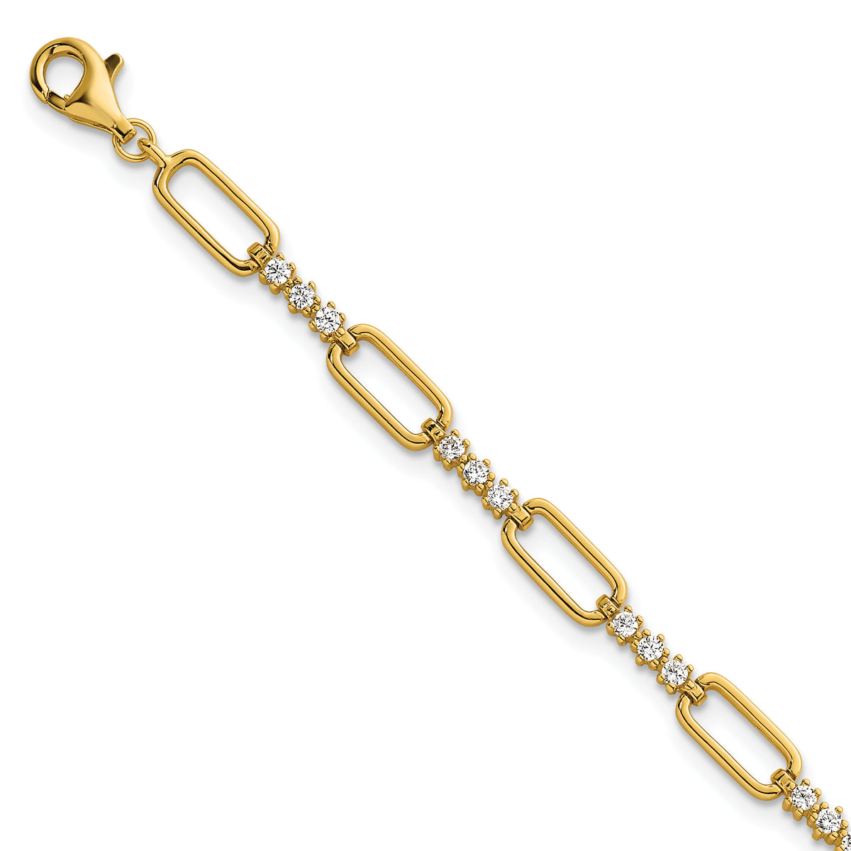 Sterling Silver Gold-tone Polished CZ and Paperclip Link 7 Inch with 1 Inch Extension Bracelet